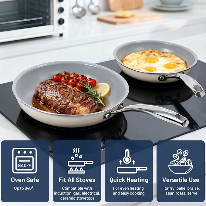 Kikcoin Non Stick Frying Pans with Lid, 3 Pack Ceramic Frying Pan for Cooking, 8+9.5+11 Inch Omelette Pans Set with Stay Cool Handle, Induction Ready, Free of PFAS PFOA PTFE, Oven/Dishwasher Safe