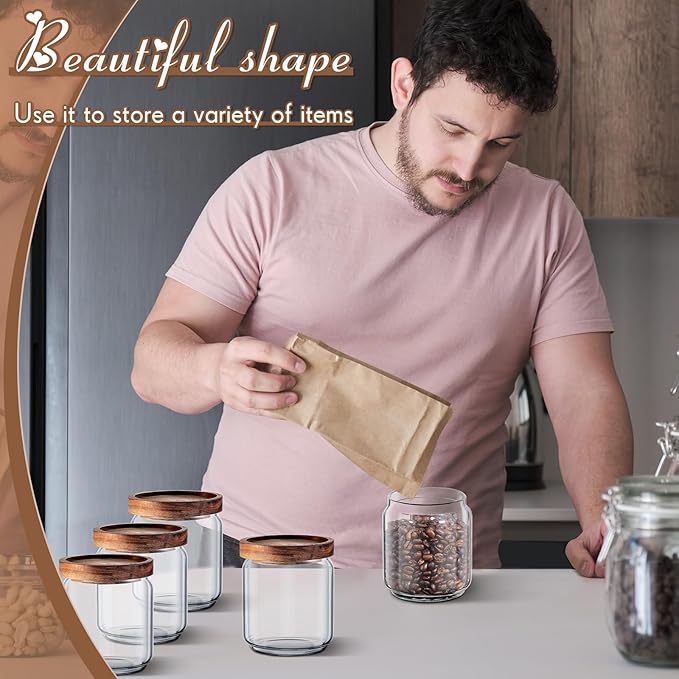 Irenare 8 Pack Glass Containers Canister Set, 17 oz Food Storage Spice Jars with Airtight Lids, Clear Kitchen Containers for Coffee Sugar Tea Beans Nuts Candy Pantry Organization (Wood)