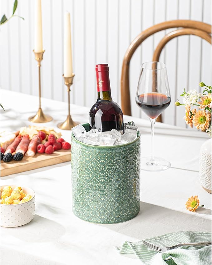 Kitchen Utensil Holder, 6x7 inch Large Ceramic Utensil Holder with Embossed Pattern, Cooking Utensil Crocks for Kitchen Countertop, Home Decor, Forest Green