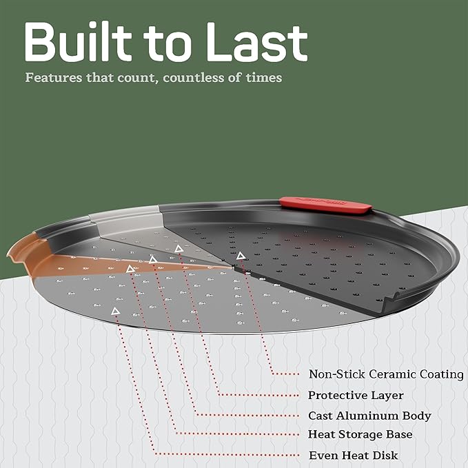 Non-Stick Pizza Pan with Silicone Handle 1 Pack, 13 Inch Round Carbon Steel Tray with Perforated Holes, Dishwasher & Oven Safe Up To 450°F, PFOAPFOSPTFE Free, Durable Nonstick Gray Coating