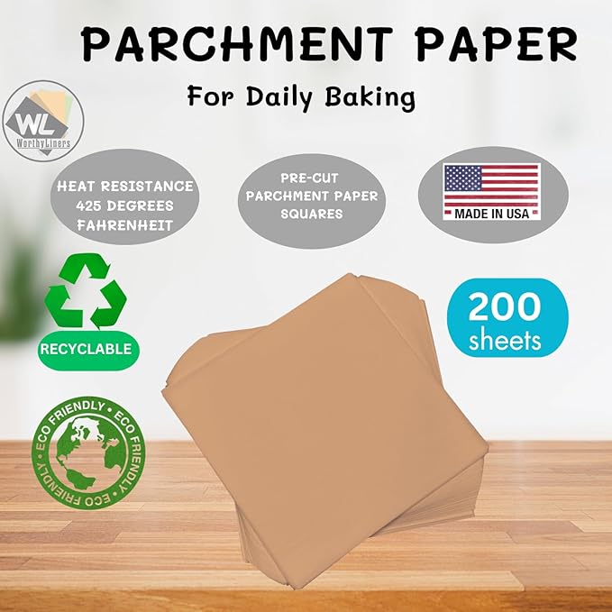 14 x 14 Inch Natural Parchment Paper Squares 200 Sheets | Made is USA | Worthy Liners Non-Stick Precut Baking Parchment, Perfect for baking and cooking