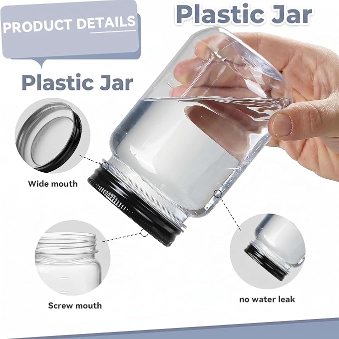 novelinks 16 oz Clear Plastic Jars with Lids, Refillable 16oz Mason Jars with Lids & Storage Containers for Kitchen & Household Use (15 Pack,Black)