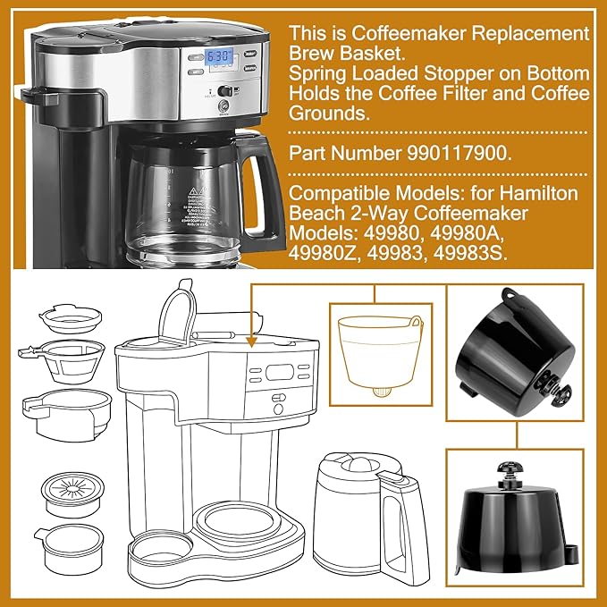HASMX 990117900 Replacement Filter Brew Basket for Hamilton Beach 2-Way Coffeemaker, Fits Models 49980, 49980A, 49980Z, 49983, 49983S, Plastic Black (1-Pack)