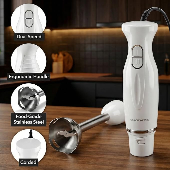 OVENTE Immersion Hand Blender, 300W Electric Handheld Stick Mixer with 2 Mixing Speeds and Stainless Steel Blades for Smoothies, Purees & Baby Food, White HS560W