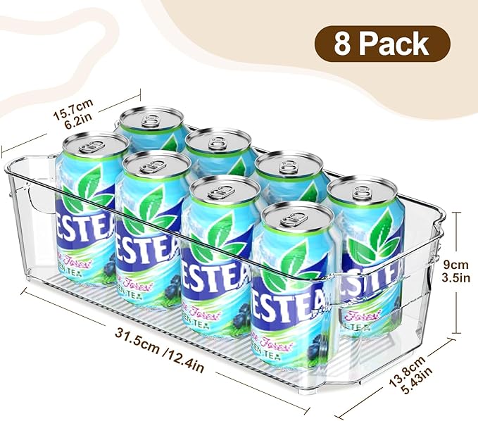 Clear Fridge Organizer, Refrigerator Organizer Bins with Handle, Freezer, Kitchen Cabinet, Pantry Organization, BPA Free Fridge Organizers (12.4 inch 8 Pack)