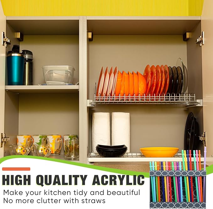 Qinyoung Acrylic Straw Holder for Cabinet Door with Double Sided Adhesive Tape Reusable Straw Organizer Tumbler Storage Kitchen Accessories Container for Counter Cupboard(White Lines,Large,Grey)