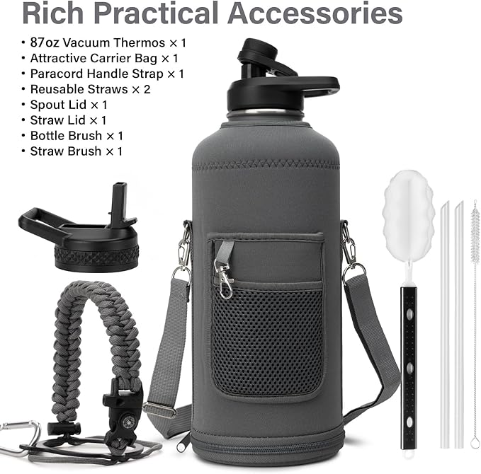DYSANKY Insulated Water Bottle | Thickened Stainless Steel for Gym and Hiking with Straw, Carrier Bag, Handle Strap | BPA-Free 87 oz