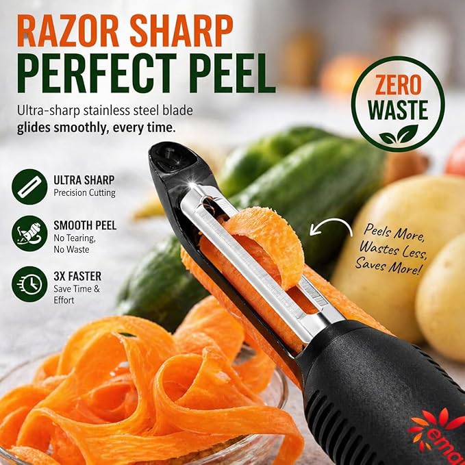 Vegetable Peeler Set – Ultra Sharp Stainless Steel I Peeler for Potatoes, Carrots, Apples – Ergonomic Non-Slip Handle, Smooth Swivel Blade, Kitchen Fruit & Veggie Peeler – Eman Cares