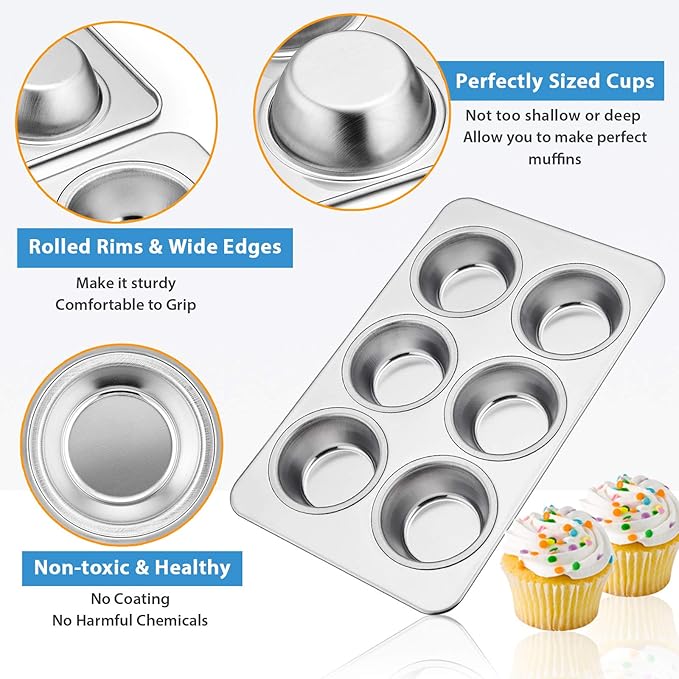 E-far Stainless Steel Muffin Pan, 6-Cup Cupcake Pan Tin for Baking, Metal Muffin Pan Tray Mold, Non-toxic & Healthy, Oven & Dishwasher Safe, Regular Size - 11.44 x 7.12 x 1.25 Inch