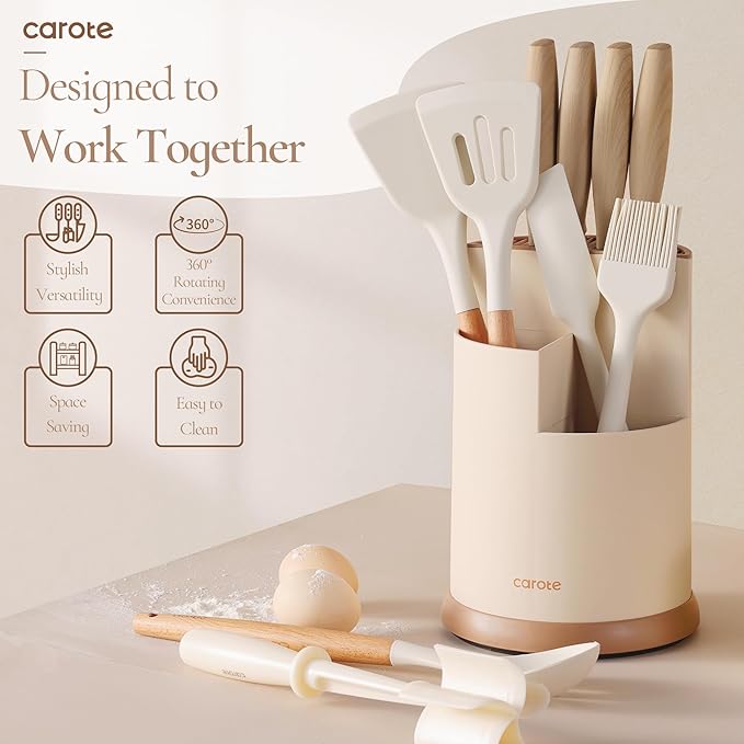 CAROTE 13Pcs Kitchen Utensils Set with 360 Rotating Knife Block, Heat Resistant Cooking Utensils Set with Wooden Handle, Kitchen Knife Sets with Nonstick Ceramic Surface, Cream White