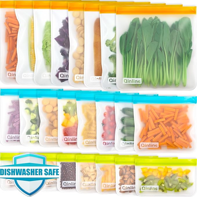 Qinline Reusable Food Storage Bags - 24 Pack Freezer Extra Thick Leakproof Lunch Bag - 8 Gallon 8 Sandwich 8 Snack Bags