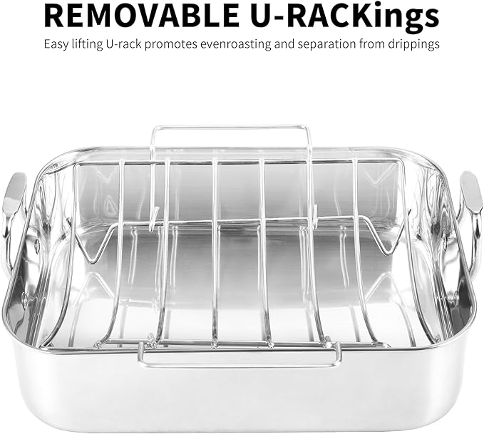QPMR 16.5inch Roasting Pan with V-Shape Rack - Stainless Steel Large Turkey Roaster Pan for Turkey, Chicken, Ham Roaster with V-Shaped Baking Rack Heavy Duty Dishwasher Safe, Hold up to 22LB