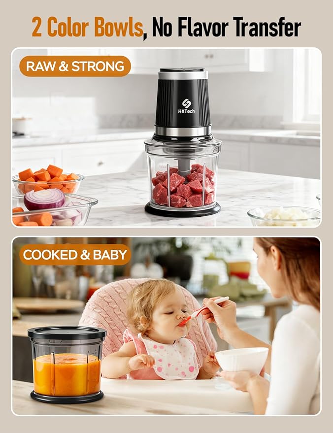 Food Processor 4 Cup: Mini Electric Food Chopper with 2 Bowls, Small Meat Grinder with 2 Speed & 4 Blades for Vegetable, Meat, Nuts, Functions for Chopping, Dicing, Mixing and Puree-Black