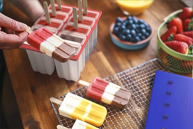 American Ice Pop Maker - Frozen Popsicle Mold - Set of 10 BPA Free Plastic Molds + 50 Wood Sticks & Cleaning Brush (Classic-10 + 200 Sticks, Blue)