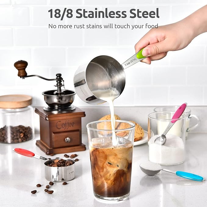 U-Taste 18/8 Stainless Steel Measuring Cups and Spoons Set of 12, and 18/8 Stainless Steel Square Measuring Spoons Set of 8 (Multicolor+Silver)