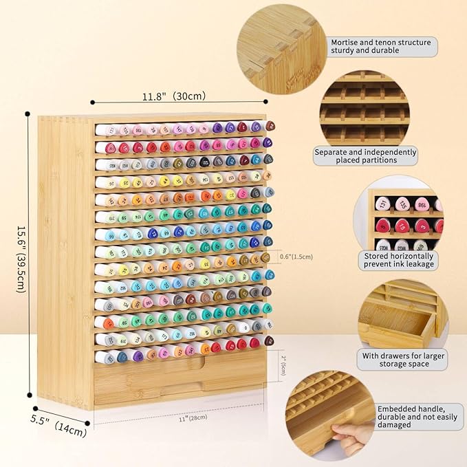 AUTOARK Natural Bamboo Marker Organizer with Drawer,182 Slots,Large Art Supply Storage for Artists,Teachers,Students - No Assembly Sturdy Desk Organizer for Classroom Office Decor,AHK-065