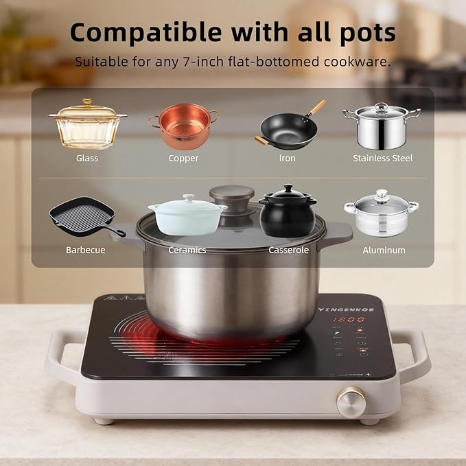 Electric Burner 1800W Hot Plate with 7.5" Ceramic Glass Cooktop Up Quickly for Easy Cleaning Electric Stove Compatible with All Cookware Suitable for Picnics, Mocha