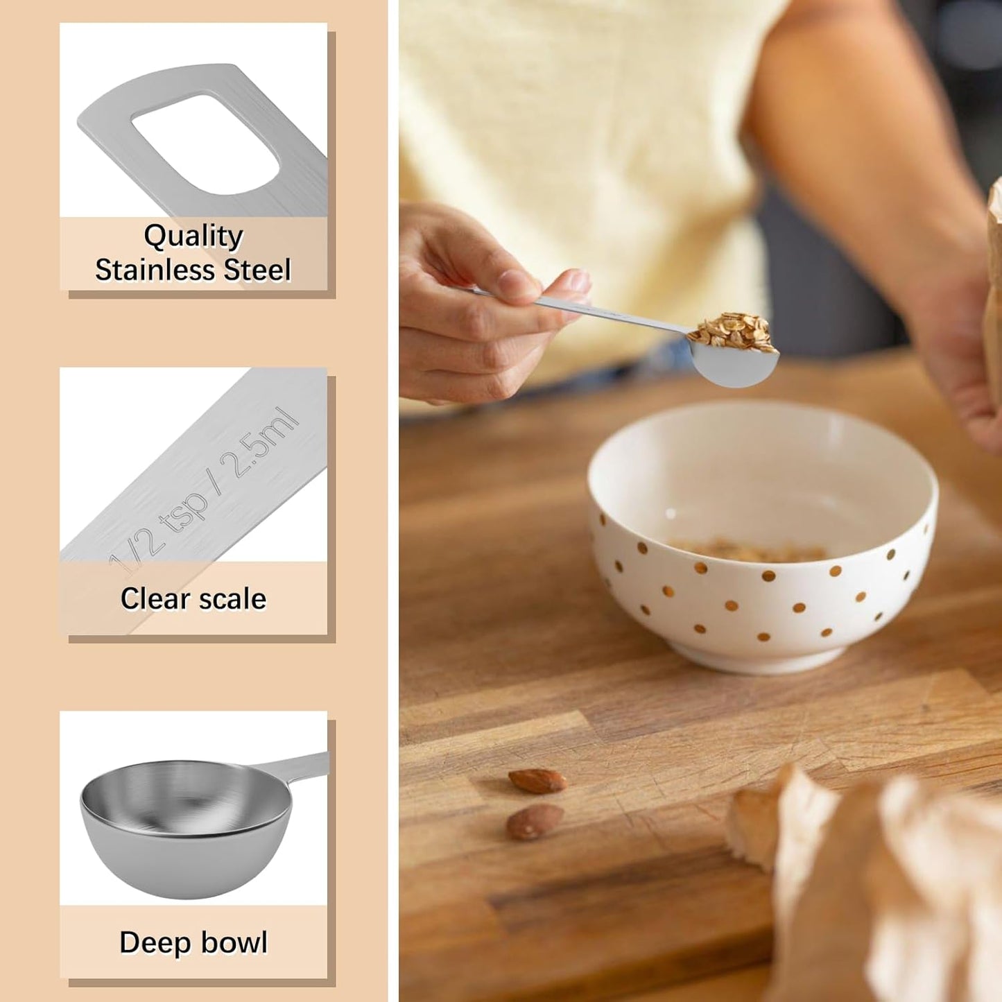 5PCS 1/2tsp (1/6tbsp, 2.5ml) Single Measuring Spoon, Stainless Steel Individual Teaspoons Only