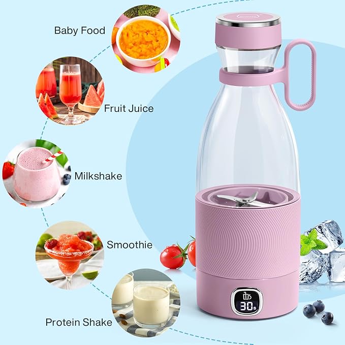 MIAOKE Portable Blender, 6 Blades Juicer Cup for Juice Shakes and Smoothies 350ml Mini Blender with Led Display Usb Rechargeable,3000Mah Rechargeable Battery, for Home Outdoors Travel-Lceberry Pink