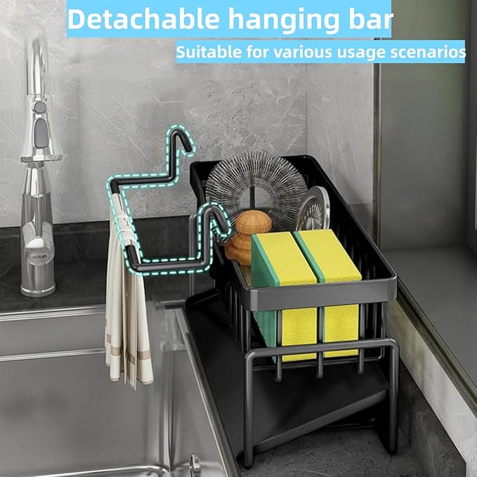 Sponge Holder for Kitchen Sink, Kitchen Sink Caddy Rustproof 304 Stainless Steel Dish Sponge Organizer with Detachable Dishcloth Rack Bathroom Organizer Dish Soap Dispenser Brush Holder Storage