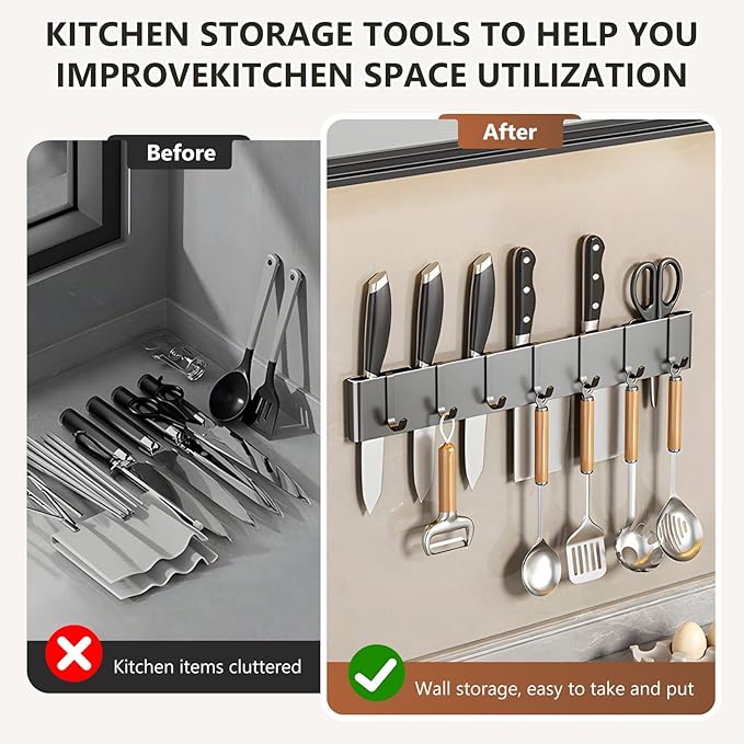 Kitchen Utensil Hanger: Wall Mount Holder Hanging Rack,7 Hooks Utensil Racks,No Drilling for Kitchen,Pantry,Bathroom,Livingroom 15.75 Inch (Black)
