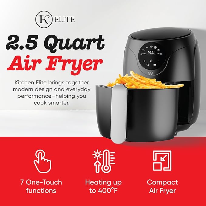 Kitchen Elite 2.5 Quart Compact Air Fryer Oven Small Countertop Oil-Free Cooker with PFAS-Free Nonstick Basket, Easy Clean, Black