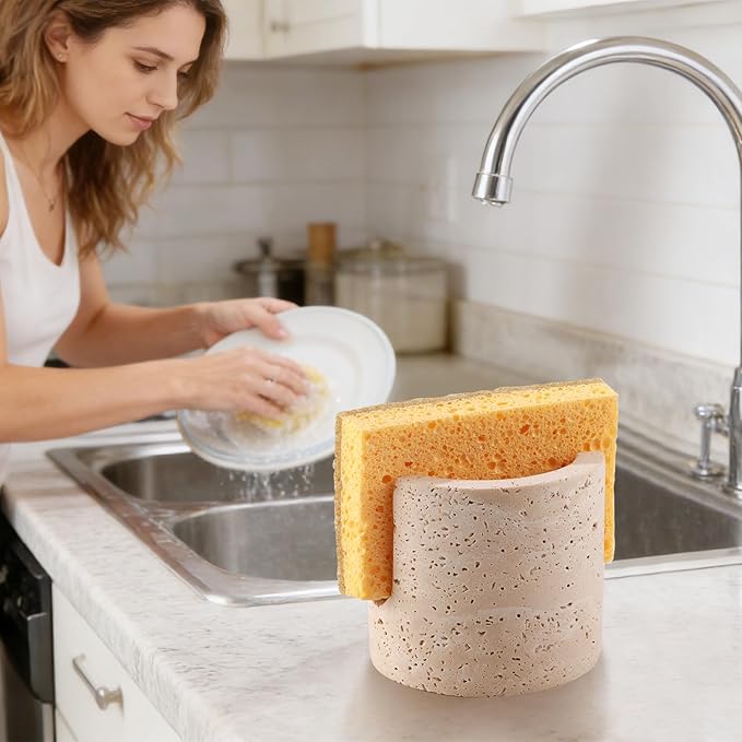 Marble Sponge Holder for Kitchen Sink - Heavy-Duty Real Travertine Stone Sink Caddy Organizer for Countertop, Rust Proof&Water Soap Dish Tray, Luxury Modern Farmhouse Kitchen Decor Accessories