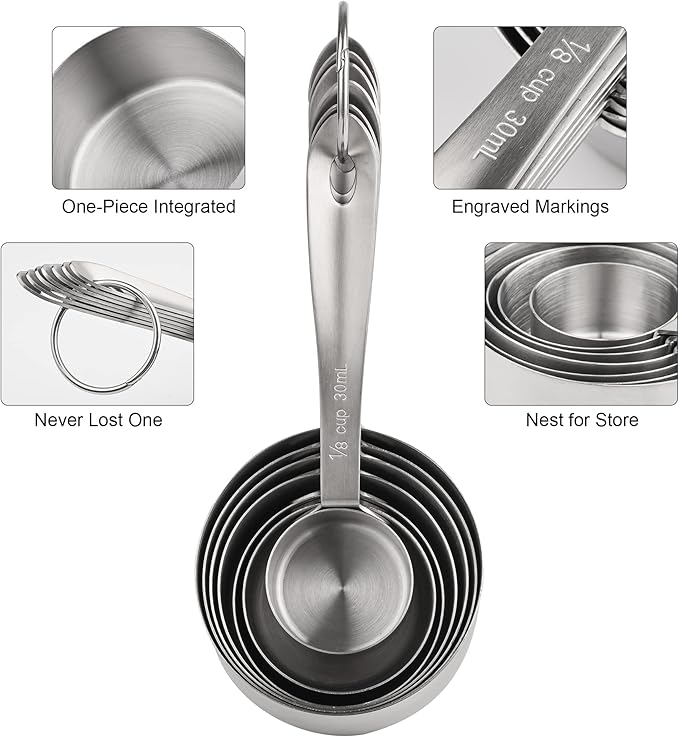 18/8 Stainless Steel Measuring Cups Set 7, Metric & US Measuring Cups for Kitchen & Baking, Metal Measuring Cups Set with 2/3 & 3/4 Measure Cups