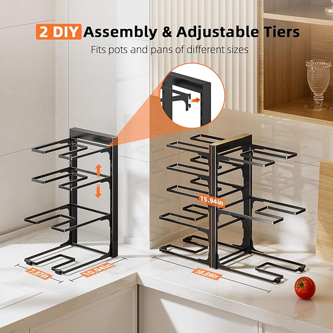 MUDEELA Pots and Pans Organizer Rack under Cabinet 8-Tiers Adjustable Heavy Duty 120LBS Pot and Pan Organizer inside Cabinet for Kitchen Organizer Cast-iron Pans, Heavy Skillets Griddles, Shallow Pots