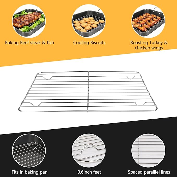 Nonstick Roasting Pan with Rack, 14.5x11.4’’ Baking Pan for Oven with Rack & Silicon Hand Clip, Heavy Duty Dishwasher Safe Rectangular Lasagna Pan with Handle for Turkey Chicken, Dark Grey