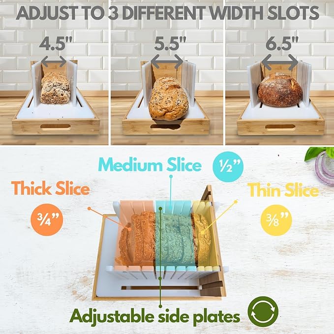 Bread Slicer Guide Cutter for Slicing Homemade Bread, Sourdough, Bagel, Loaves - 3 Adjustable Thickness & Widths, Bamboo Tray, Plastic Base, Foldable Compact, Kitchen Gadget & Gifts