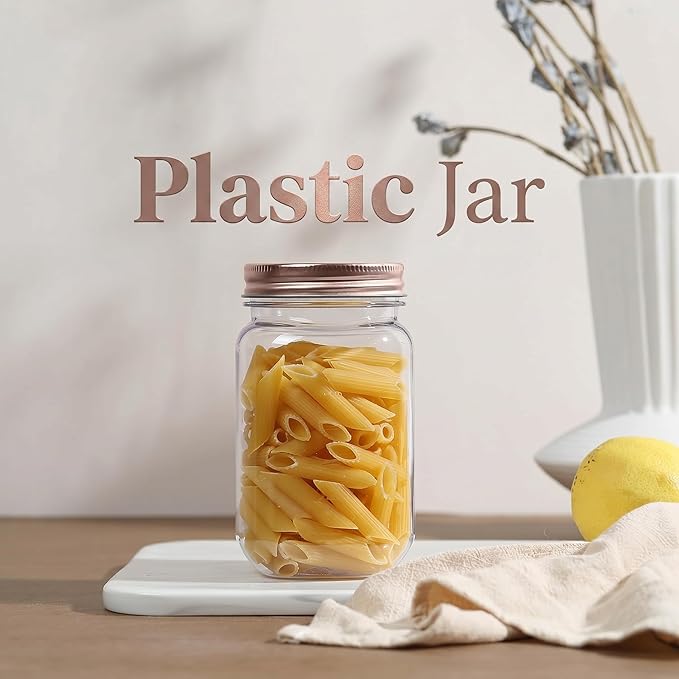 novelinks 16 oz Clear Plastic Jars with Lids, Refillable 16oz Mason Jars with Lids & Storage Containers for Kitchen & Household Use (24 Pack,Rose Gold)