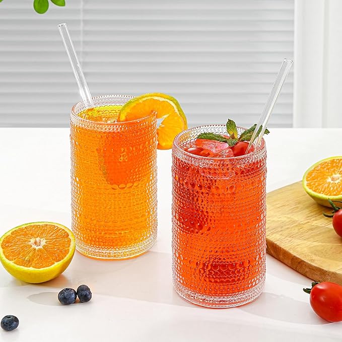 16oz Clear Hobnail Drinking Glasses with Straws Set of 12, Highball Glasses Cups, Kitchen Water Glasses Cup, for Cocktail, Juice, Whiskey, Milk and Various Mixed Drinks