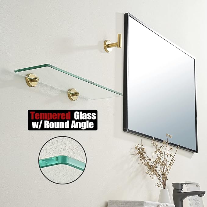 JQK Bathroom Glass Shelf Gold, Tempered Glass Shower Storage 16 by 5 inches, 304 Stainless Steel Brushed Gold Wall Mount 2 Pack, TGS101L16-BG-P2