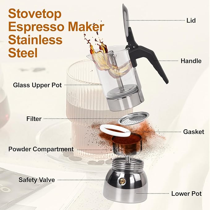 9 Cup Glass Clear Moka Pot Thickened 304 Stainless Steel Stovetop Espresso Maker Italian Coffee Machine 450ml 15oz Classic Mocha Cafe Greca Coffee Suitable for Gas Induction