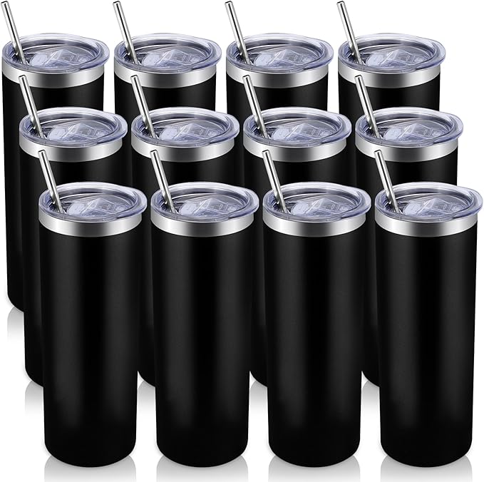 Volhoply 12 Pack Skinny Tumblers with Lid and Straw, 20oz Stainless Steel Straight Tumbler Bulk, Vacuum Insulated Coffee Mug for Home, Office, Travel, DIY (Black,12 Pack)