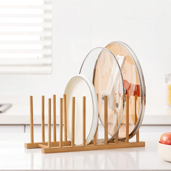 HBlife 2pcs Heighten and Widen Bamboo Dish Dying Rack Pot Lid Plate Organizer Holder for Cabinet, Cutting Board Stand Drainer Storage Plate Rack for Dish, Pot Lid, Bowl, Cup, Cutting Board and Books