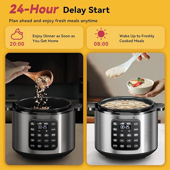 CARORI Electric Pressure Cooker 6 Quart Silver, Non-stick Pot, 9-in-1 Instant Pot, 12 Preset Functions with Touchscreen, Safe Steam Release, Stew, Slow Cook, Rice, Sauté, Warmer