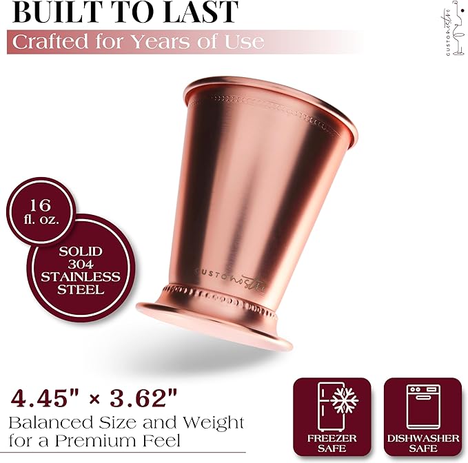 Gusto Nostro Mint Julep Cups Set of 4 - Stainless Steel Julep Cup Kit with Straws, Muddler, Spoon, Recipes, Vases - Southern-Style Cocktail Glasses for Home Bar - Stainless Steel Cocktail Cups (Rose)