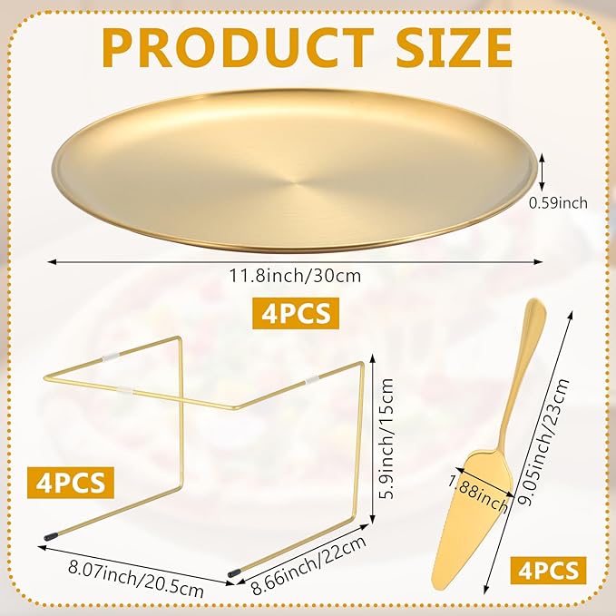12 Pcs Pizza Pan Riser Stands Sets Includes 4 Metal Pizza Table Stands 4 Pizza Pan and 4 Wood Handle Pie Server, Pizza Rack Stand Pizza Tray for Pizza Dessert Cheese (Gold)