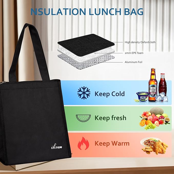 iknoe Insulated Lunch Bag for Women & Adults, 9L Foldable Wide-Open Cooler Bag with Pockets, Leakproof & Portable, for Picnic, Office, Beach(Plain Black)