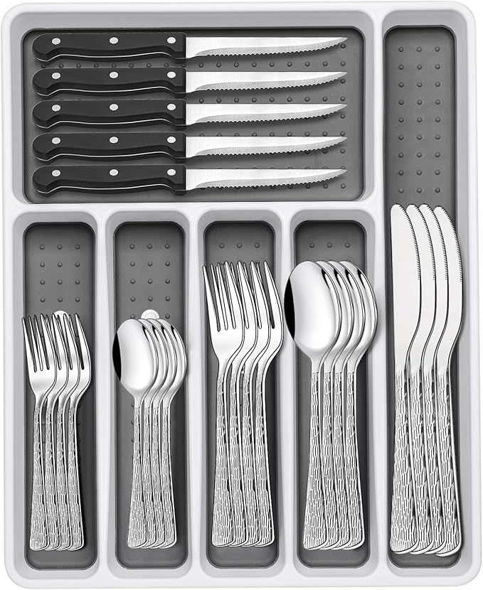 49-Piece Silverware Set with Organizer, Food-Grade Stainless Steel Flatware for 8, Cutlery Utensil Sets with Steak Knives, Rust-proof, Mirror Polished, Dishwasher Safe, Silver Tree Pattern
