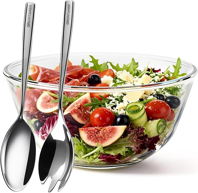 Greentainer Large Glass Salad Bowl with Stainless Steel Fork and Spoon, 144OZ Salad Serving Bowl for Kitchen, 4.5QT Glass Mixing Bowl for Cooking, Baking, Prepping, Dishwasher & Microwave Safe