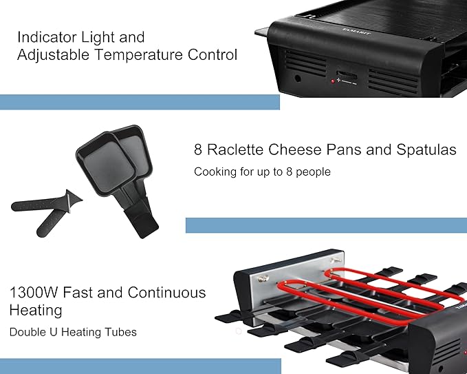 TAMARIT Raclette Table Grill for 8, 2 in 1 Small Swiss Style PFAS-No Nonstick Reversible Grill/Griddle Plate Adjustable Temperature Control 1300 W, 8 Raclette Cheese Pans Black
