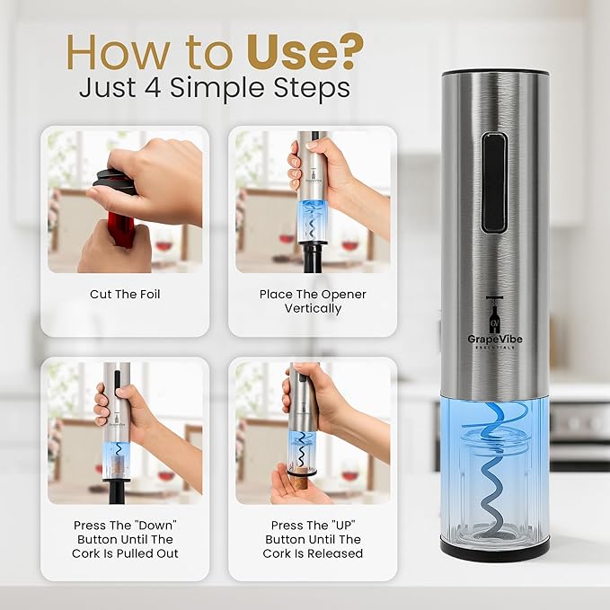 GrapeVibeEssentials 5-in-1 Electric Wine Opener gift Set – Rechargeable Automatic Wine Bottle Opener with Charging Base, Foil Cutter, Aerator Pourer & Vacuum Stoppers
