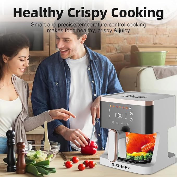 APSARAS USA Air Fryer Glass, 5.2QT Convection Oven Glass Air Fryer Non Toxic, Transparent Fry Bowl | Cook Shrimp, Steak, Fries, Wings, Chicken & More | Precise Temperature Control & Time