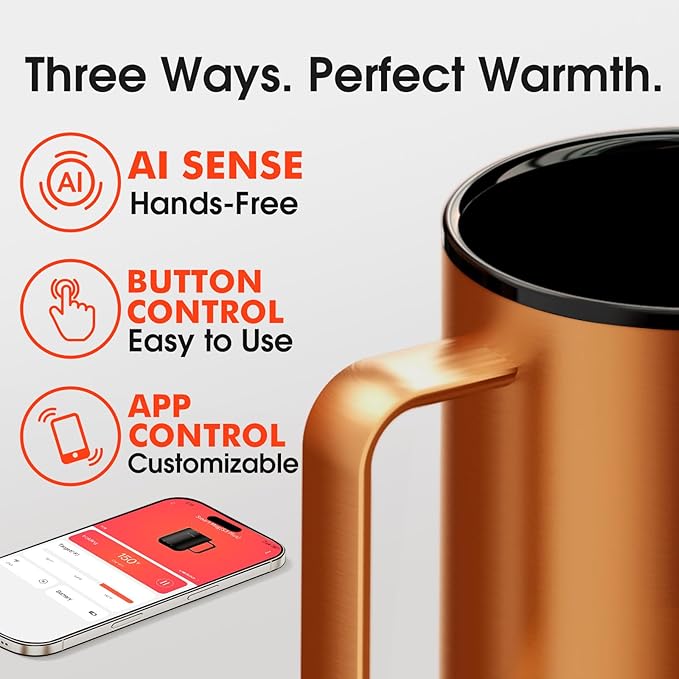 Vsitoo S3 Plus 14oz Heated Coffee Mug - Temperature Control Smart Mug with Mug Warmer, Auto-Sensing AI Heats Drinks to 120-150°F Hands-Free.Ideal for Home/Office/Gifts，Copper