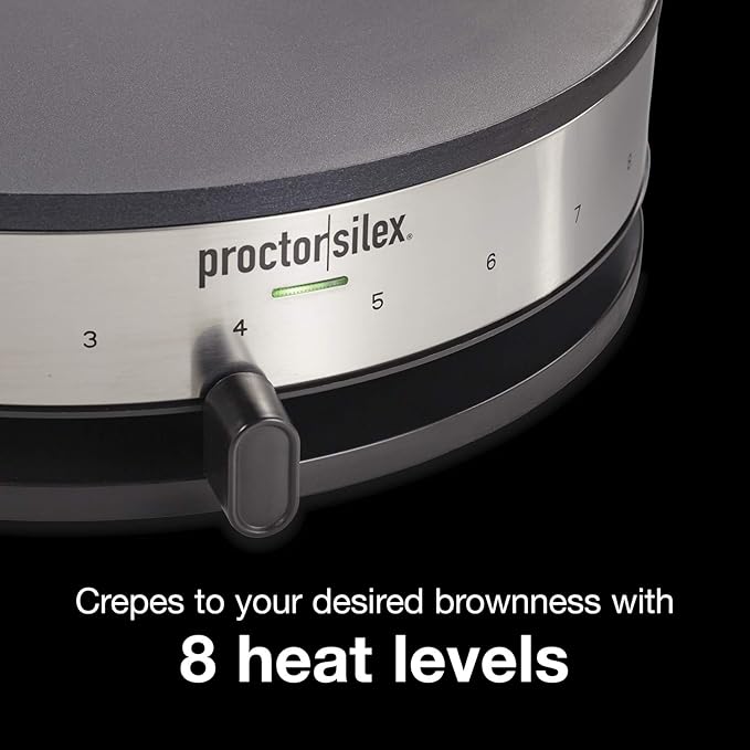 Proctor Silex Electric Crepe Maker with 13” PFAS-Free Nonstick Griddle for Eggs, Pancakes, Omelets and Quesadillas, with Temperature Control, Spatula, Spreader, Batter Cup, Stainless Steel (38400MN)