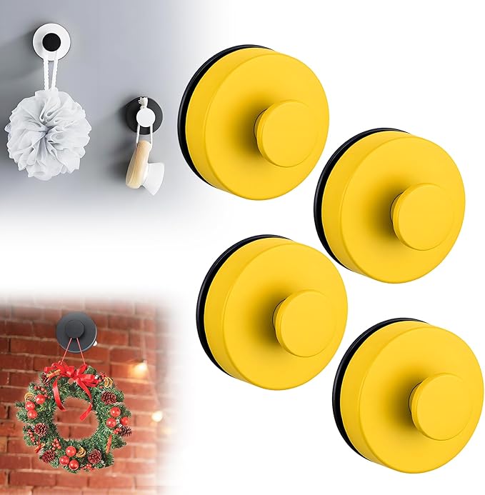 Suction Cup Hooks for Wreaths on Glass, 2025 New No Drill Suction Cup Hooks for Shower, Wreath Hanger Holder for Front Door, Upgraded Towel Hooks for Window Bathroom Mirrors (4, Yellow)