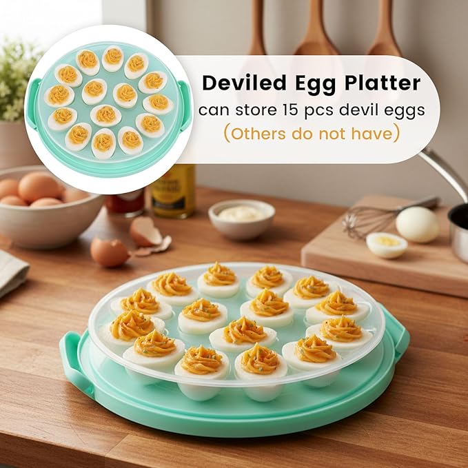HANSGO Cake Carrier with Lid and Handle, Extra Deviled Egg Containers, Cake Holder for 10 inch Cakes with 2 Handles, 11 Capacity Cupcake Carrier, Two Sided Base for Nuts, Fruits, Muffins, Pies, Pizza